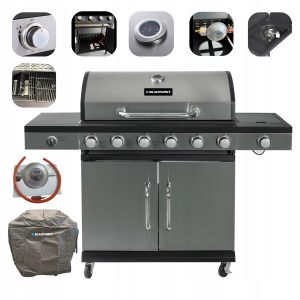 Grill Gazowy 6+1 Palników Żeliwny Ruszt 16,5 kW Pokrowiec Blaupunkt GG601
